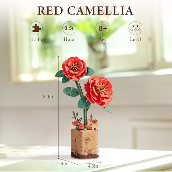 3D PUZZLE WOODEN FLOWER RED CAMELLIA DIY MODEL KIT TO BUILD FOR ADULTS ARTIFICAL BOUQUET COLLECTION CRAFT BRAIN TEASER PUZZLE CREATIVE GIFT HOME DECOR - Image 2